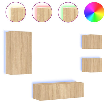 vidaXL 4-tlg. TV-Wohnwand mit LED-Leuchten Sonoma-Eiche