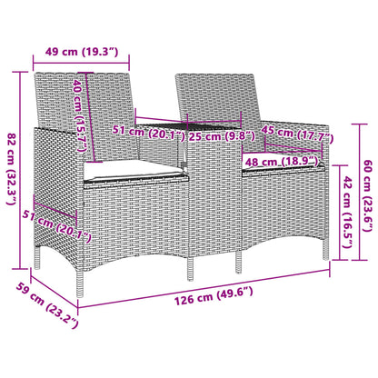 vidaXL Gartensofa 2-Sitzer mit Tisch und Kissen Schwarz Poly Rattan