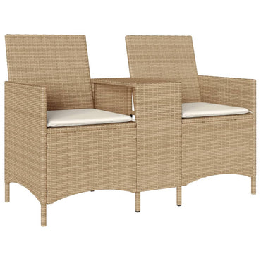 vidaXL Gartensofa 2-Sitzer mit Tisch und Kissen Beige Poly Rattan