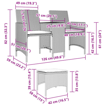 vidaXL Gartensofa 2-Sitzer mit Tisch und Hockern Schwarz Poly Rattan