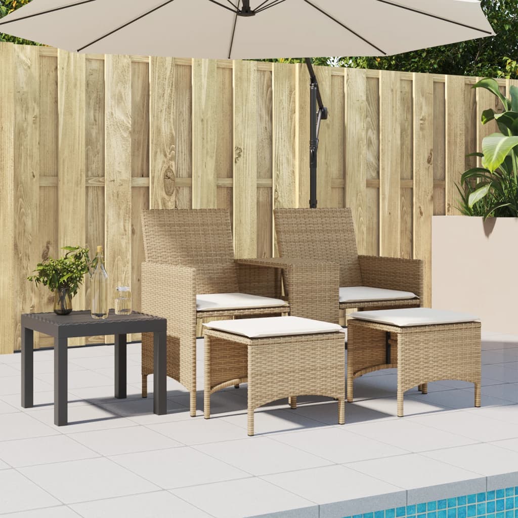 vidaXL Canapé de jardin 2 places avec table et tabourets en résine tressée beige