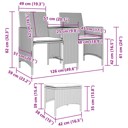 vidaXL Gartensofa 2-Sitzer mit Tisch und Hockern Hellgrau Poly Rattan