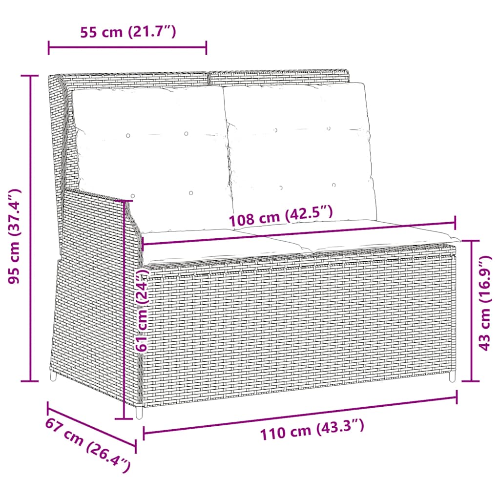 vidaXL Gartenbank Verstellbar mit Kissen Hellgrau Poly Rattan