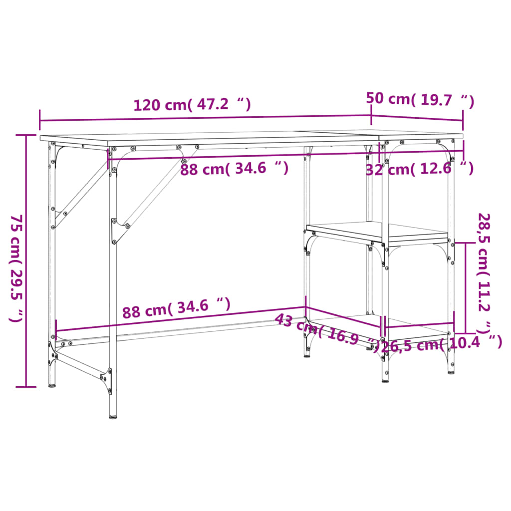 vidaXL Schreibtisch Räuchereiche 120x50x75 cm Metall Holzwerkstoff