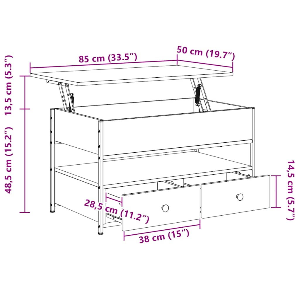 vidaXL Couchtisch Braun Eichen-Optik 85x50x50 cm Holzwerkstoff Metall