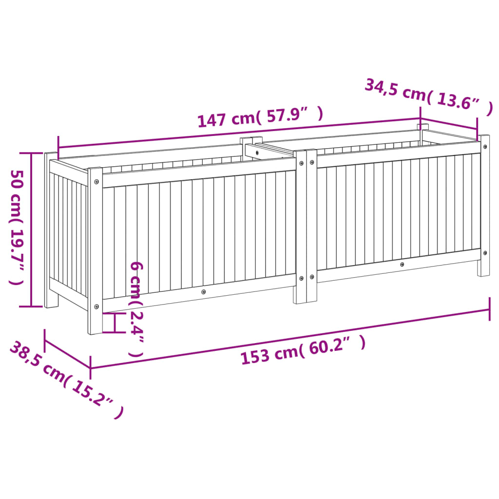 vidaXL Pflanzkübel mit Einlage 153x38,5x50 cm Massivholz Akazie