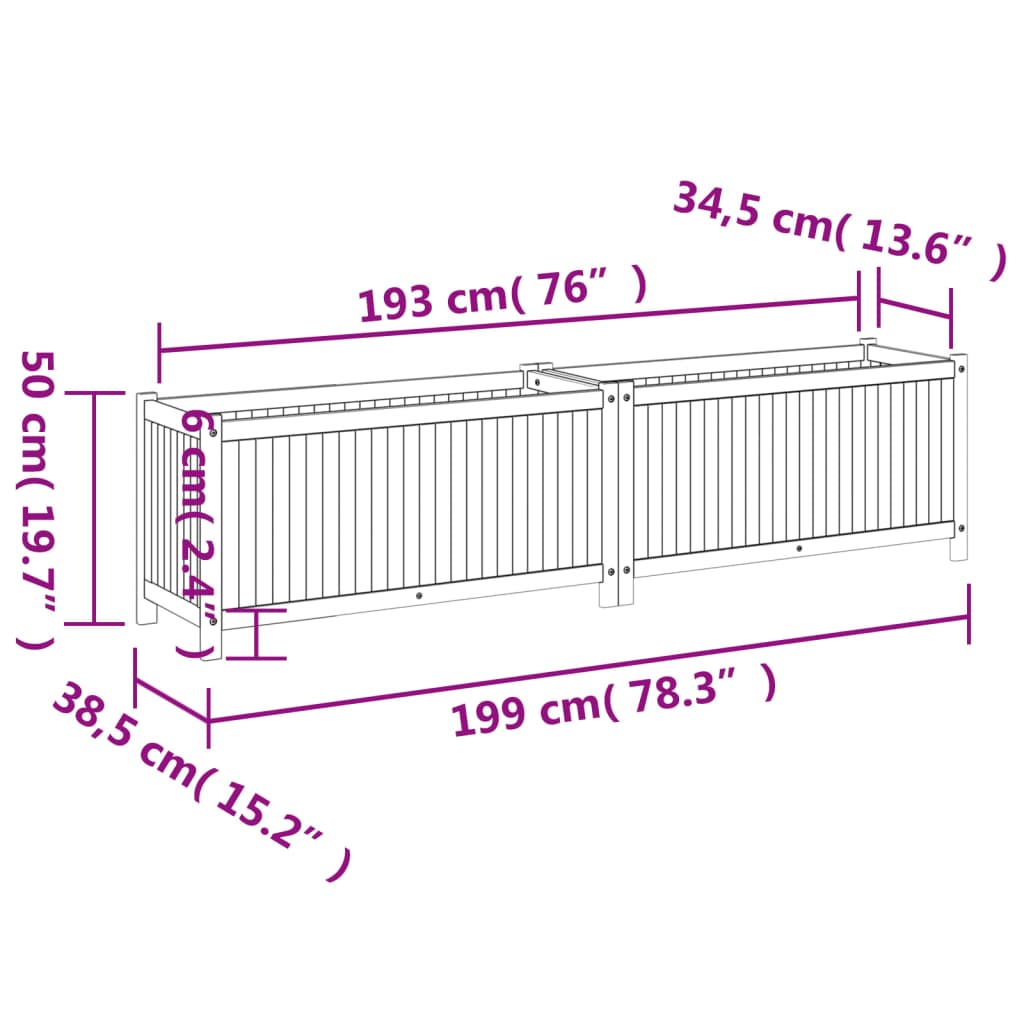 vidaXL Pflanzkübel mit Einlage 199x38,5x50 cm Massivholz Akazie