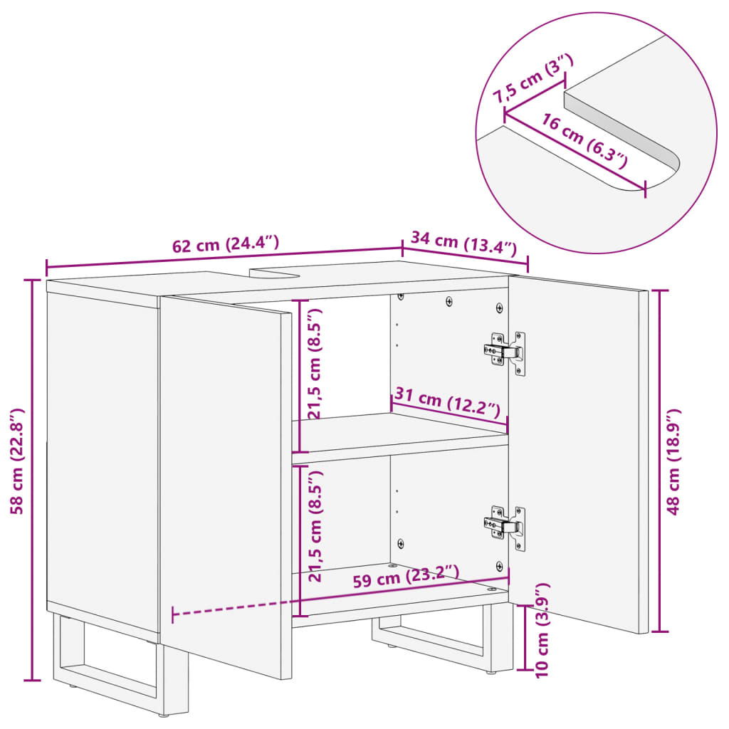 vidaXL Meuble sous lavabo 62x34x58 cm Bois de manguier massif