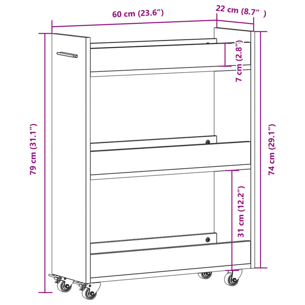 vidaXL Armoire à roulettes gris béton 60x22x79 cm bois d'ingénierie