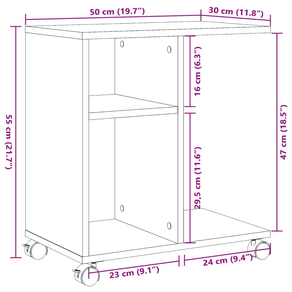 vidaXL Beistelltisch mit Rollen Sonoma-Eiche 50x30x55 cm Holzwerkstoff