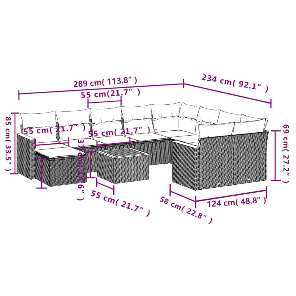 vidaXL 11-tlg. Garten-Sofagarnitur mit Kissen Schwarz Poly Rattan