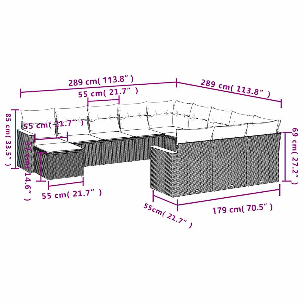 vidaXL 12-tlg. Garten-Sofagarnitur mit Kissen Schwarz Poly Rattan
