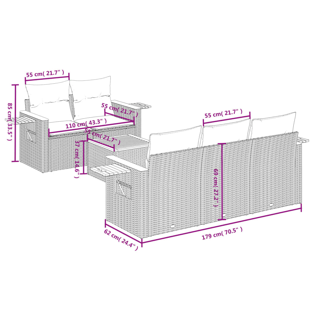 vidaXL 6-tlg. Garten-Sofagarnitur mit Kissen Beige Poly Rattan