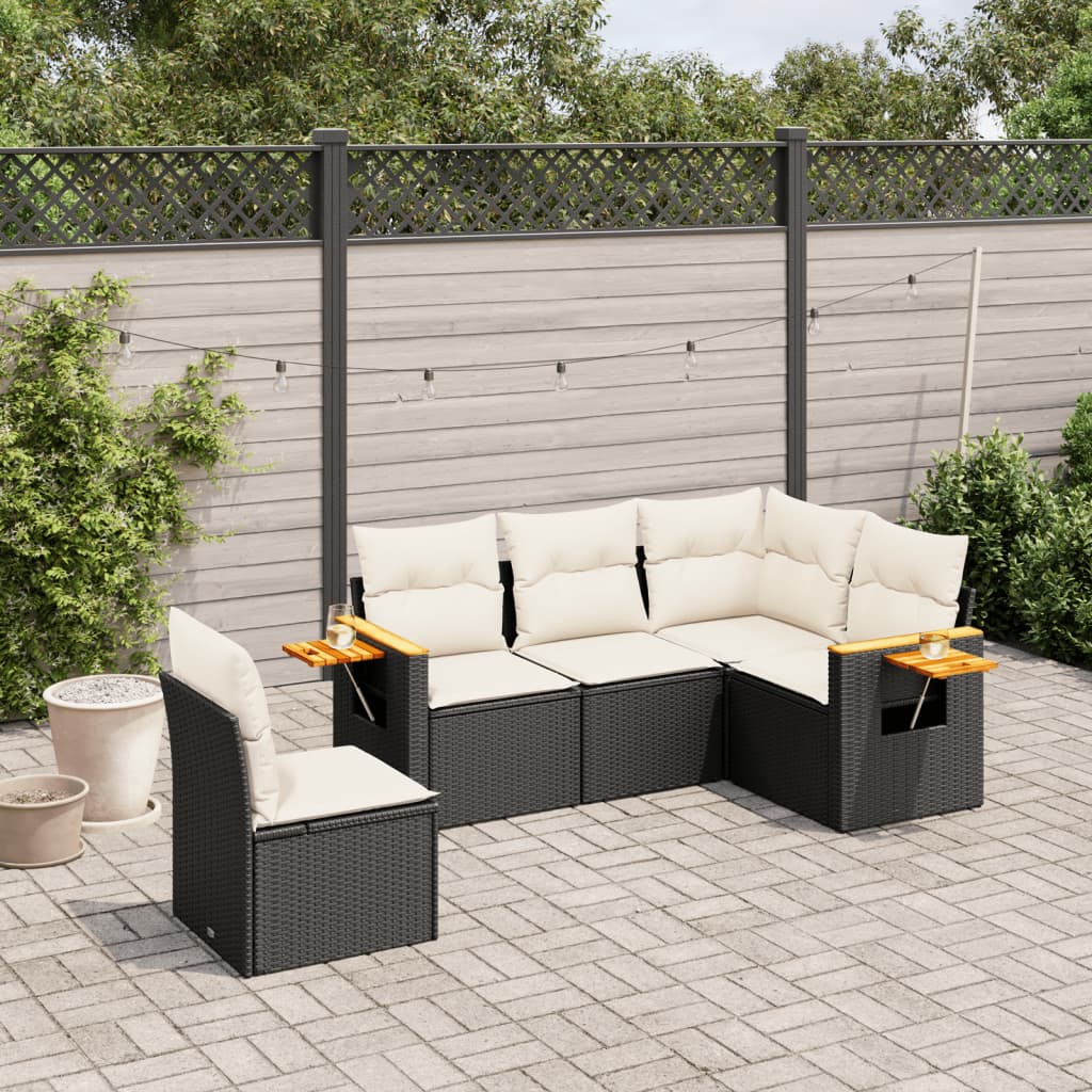 vidaXL Ensemble de canapés de jardin 5 pcs avec coussins, résine tressée noire