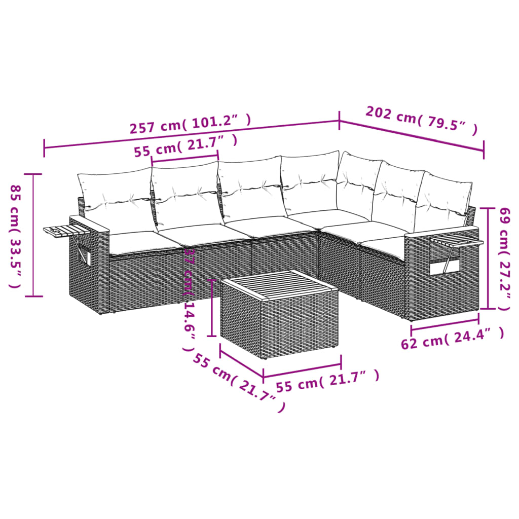 vidaXL 7-tlg. Garten-Sofagarnitur mit Kissen Beige Poly Rattan