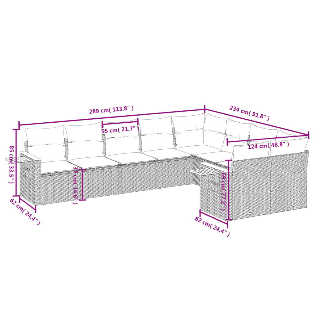 vidaXL Salon de jardin 9 pcs avec coussins Résine tressée Gris