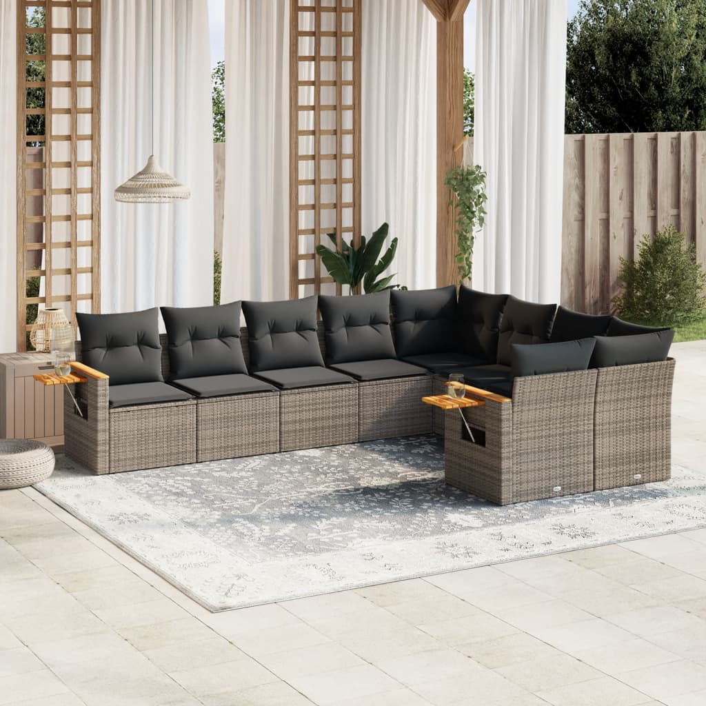 vidaXL Salon de jardin 9 pcs avec coussins Résine tressée Gris