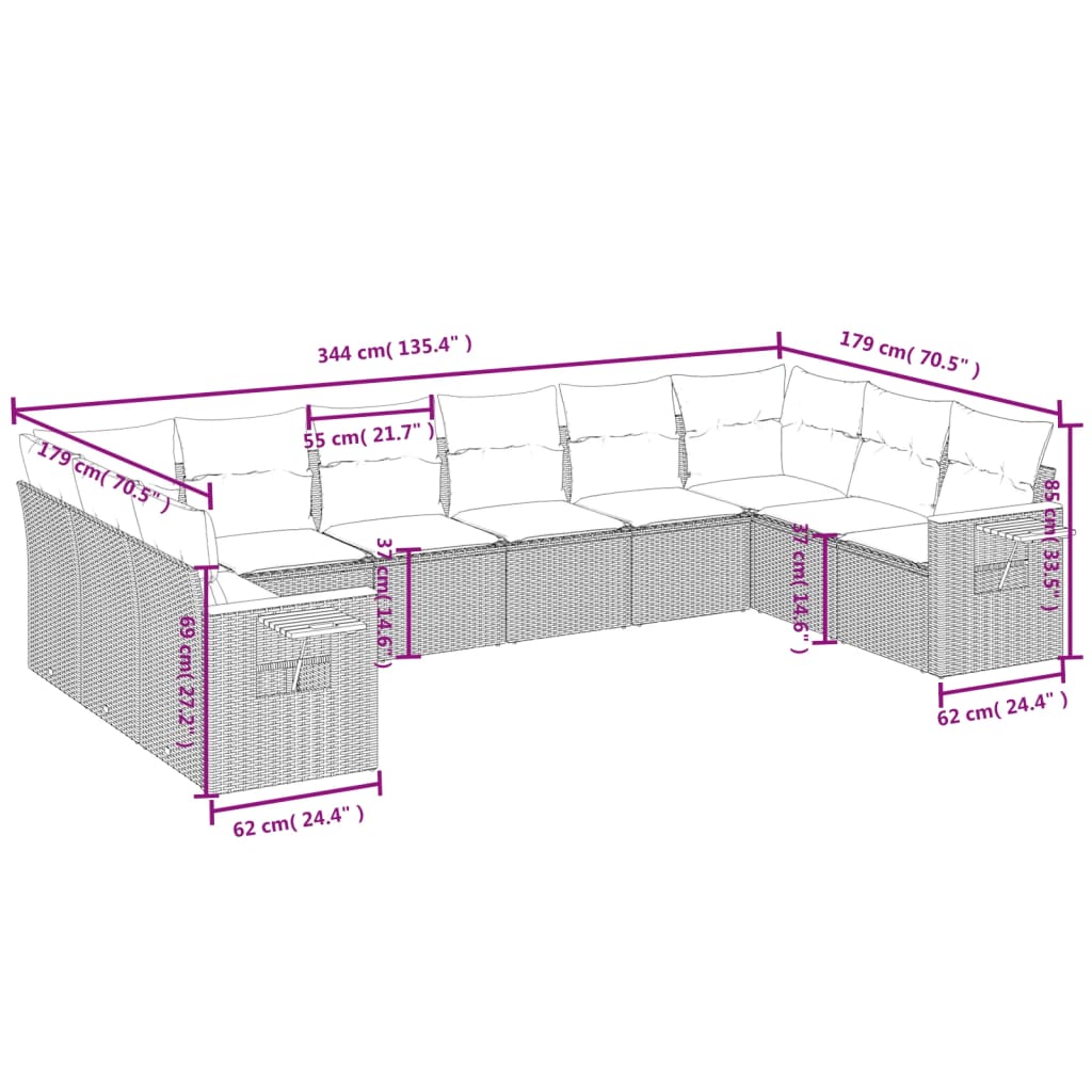 vidaXL Salon de jardin 10 pcs avec coussins résine tressée gris