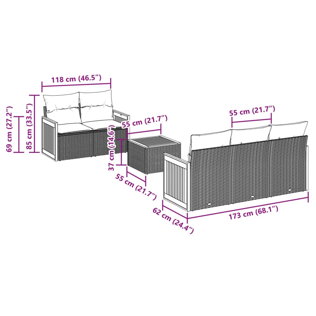vidaXL 6-tlg. Garten-Sofagarnitur mit Kissen Schwarz Poly Rattan