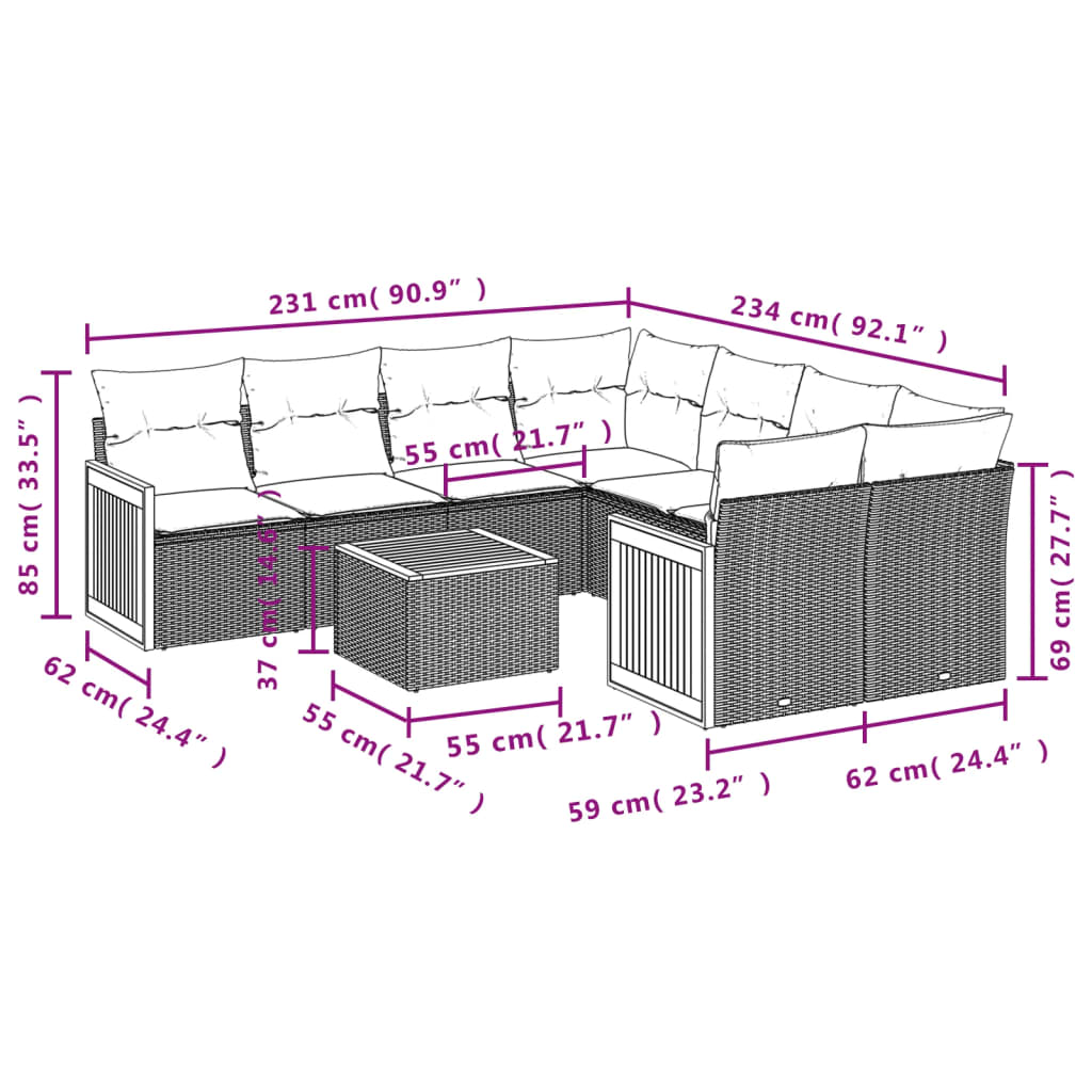 vidaXL Salon de jardin 9 pcs avec coussins Noir Résine tressée