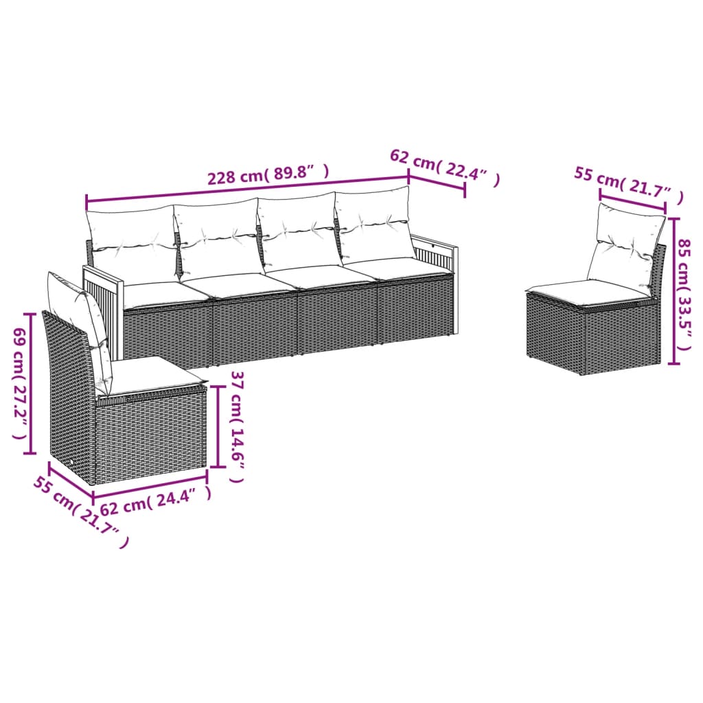 vidaXL Salon de jardin 6 pcs avec coussins Noir Résine tressée
