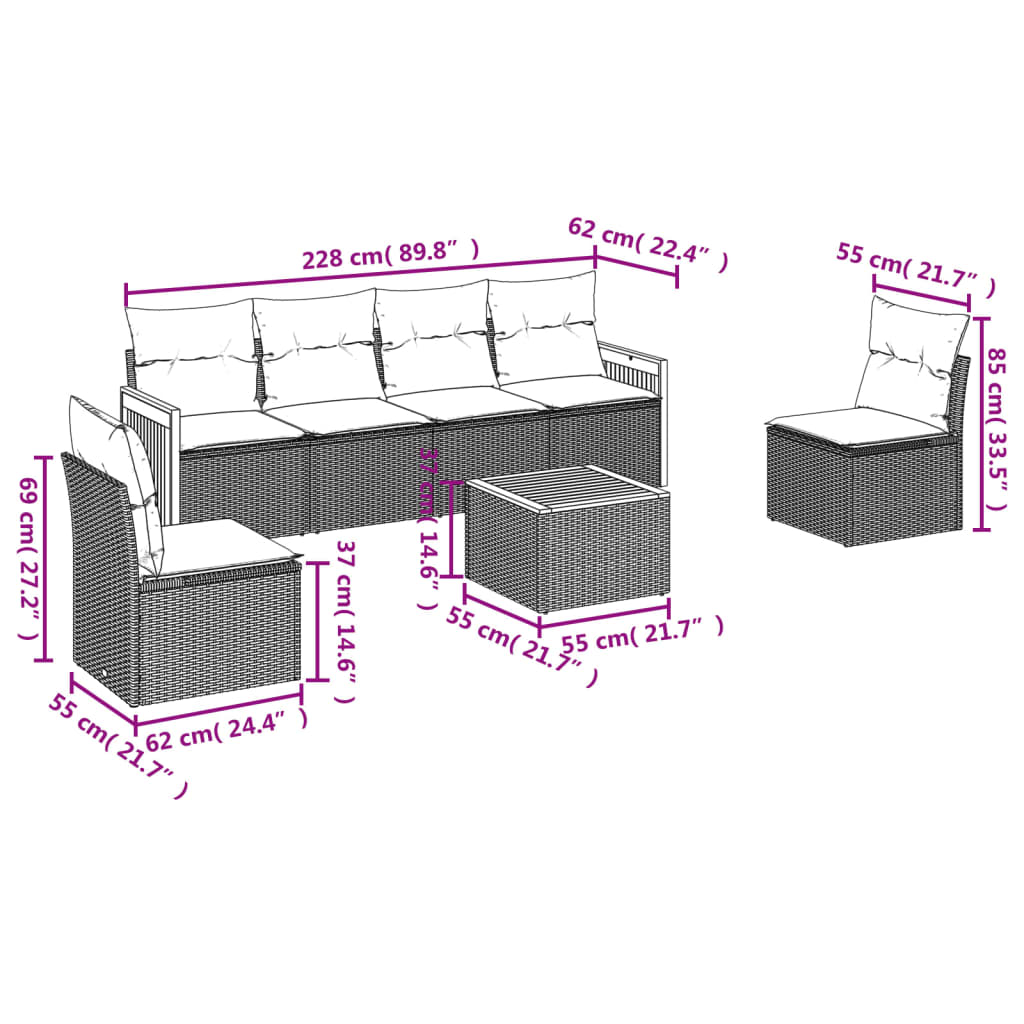 vidaXL Salon de jardin 7 pcs avec coussins Noir Résine tressée