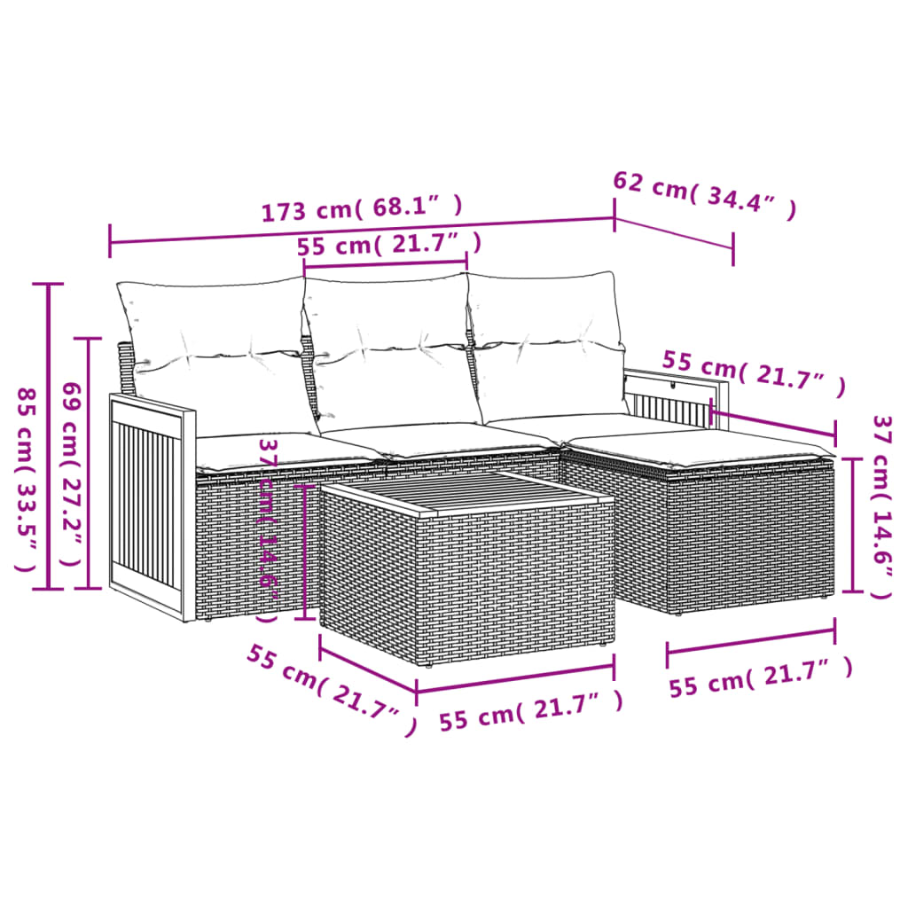 vidaXL 5-tlg. Garten-Sofagarnitur mit Kissen Beige Poly Rattan