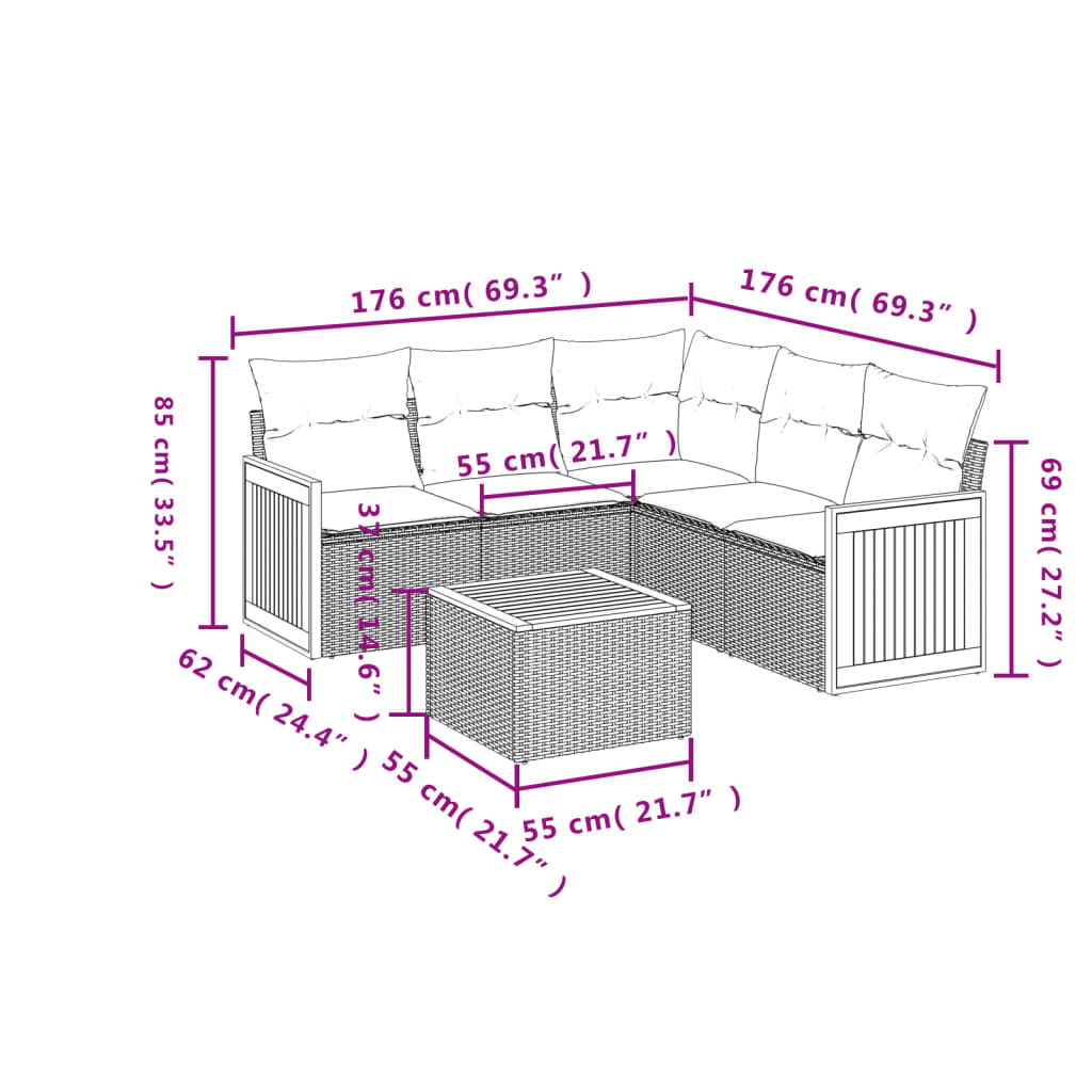 vidaXL 6-tlg. Garten-Sofagarnitur mit Kissen Beige Poly Rattan