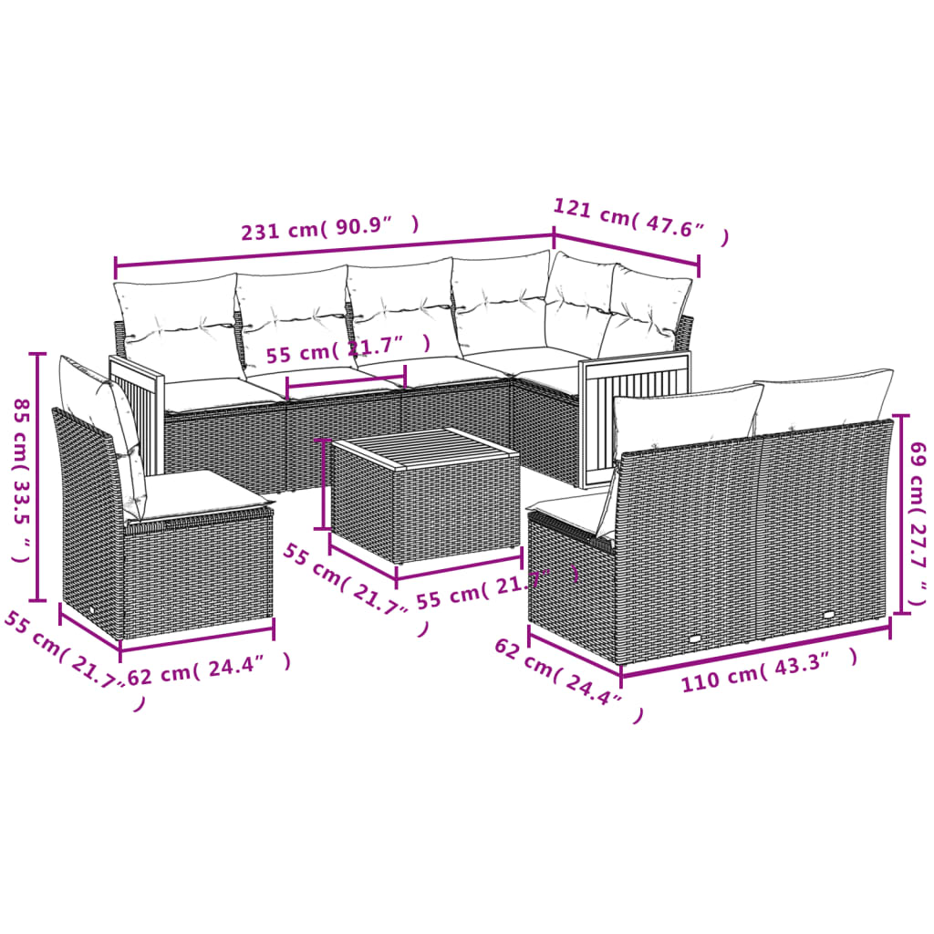 vidaXL 9-tlg. Garten-Sofagarnitur mit Kissen Beige Poly Rattan