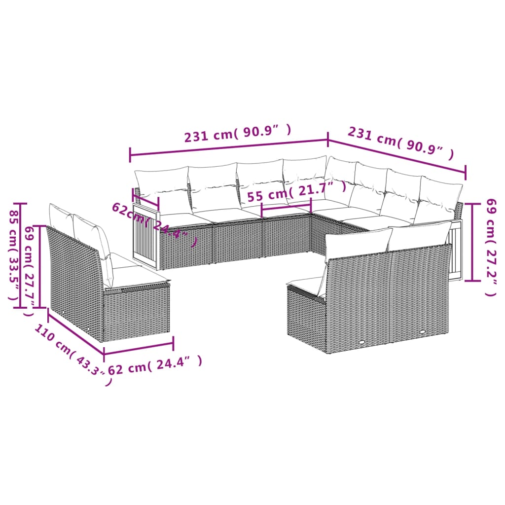 vidaXL Ensemble de canapés de jardin 11 pcs avec coussins en rotin synthétique beige