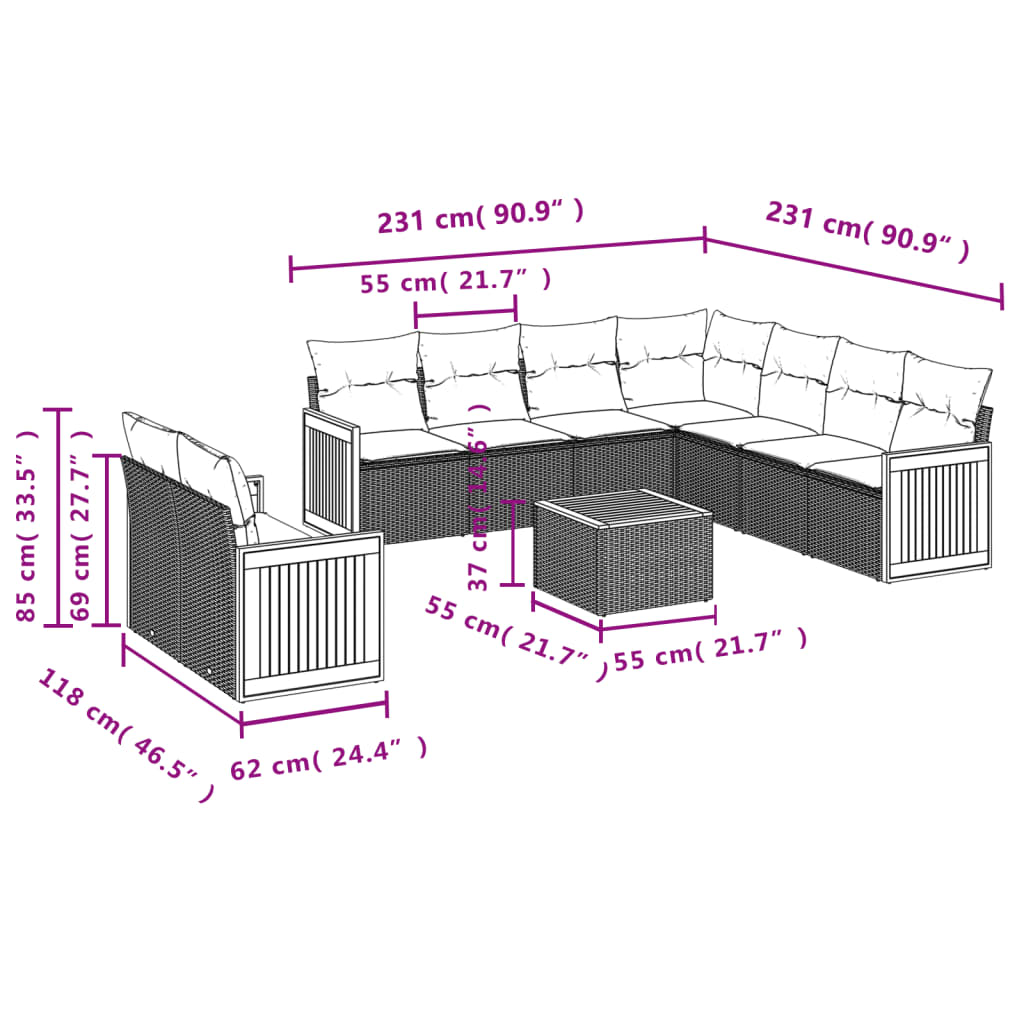 vidaXL Salon de jardin 10 pcs avec coussins Noir Résine tressée