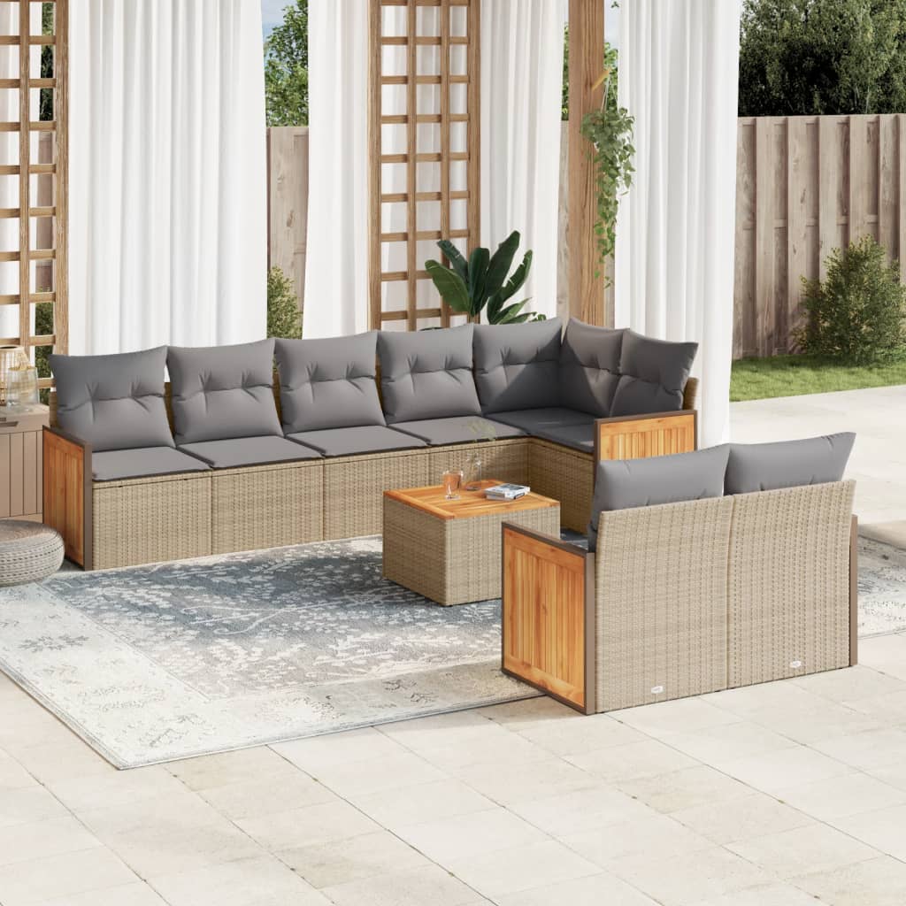 vidaXL 9-tlg. Garten-Sofagarnitur mit Kissen Beige Poly Rattan