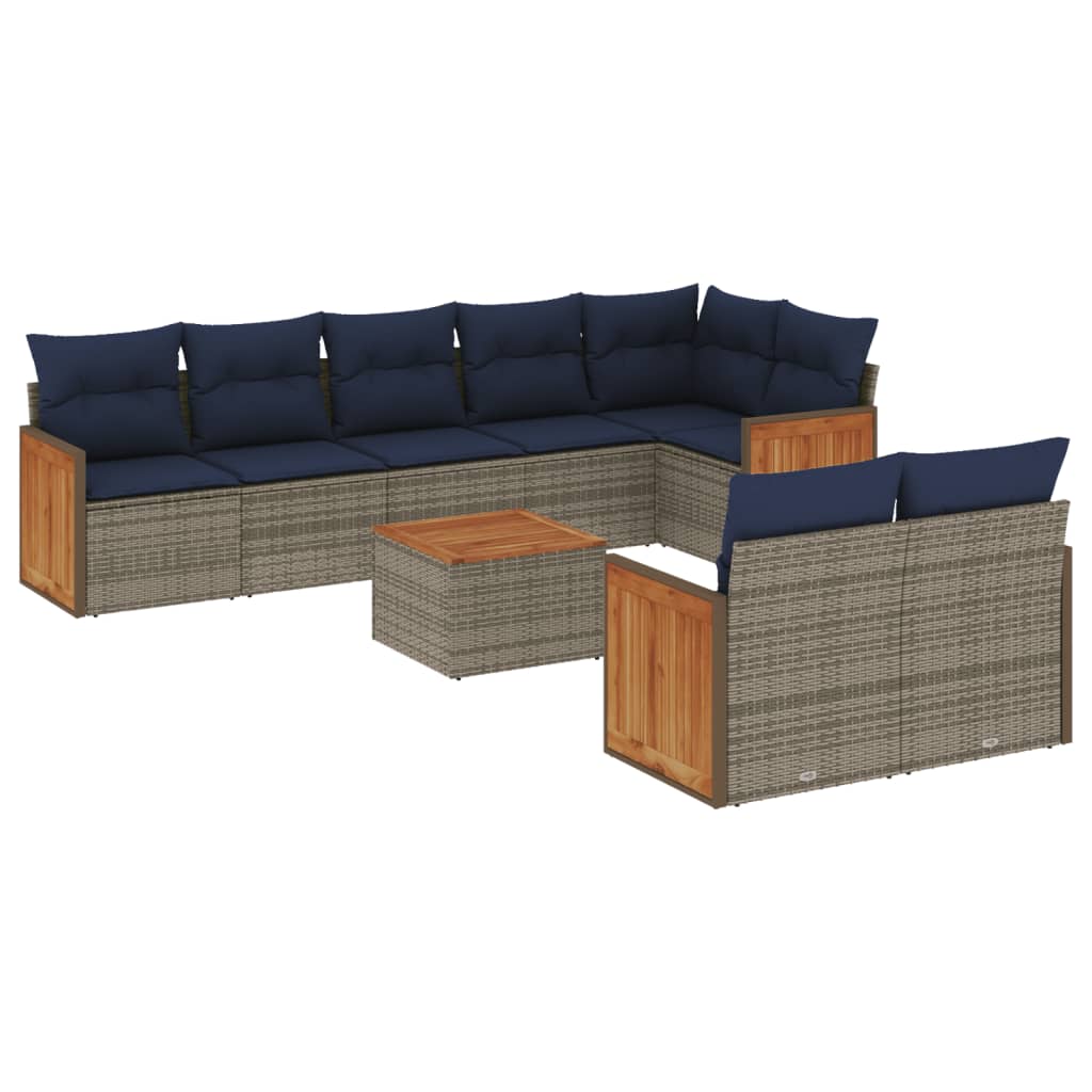 9-teiliges Gartensofa-Set mit Kissen, grau, Polyrattan