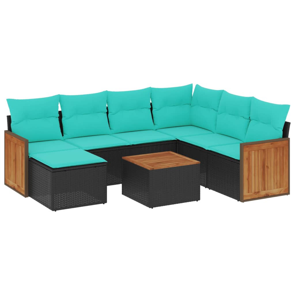 8-teiliges Gartensofa-Set mit Kissen, schwarzes Polyrattan