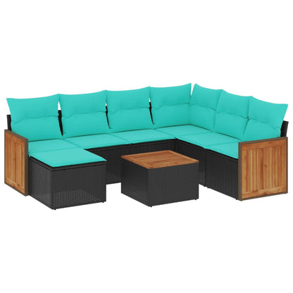 8-teiliges Gartensofa-Set mit Kissen, schwarzes Polyrattan