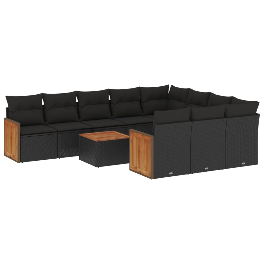 vidaXL 11-tlg. Garten-Sofagarnitur mit Kissen Schwarz Poly Rattan