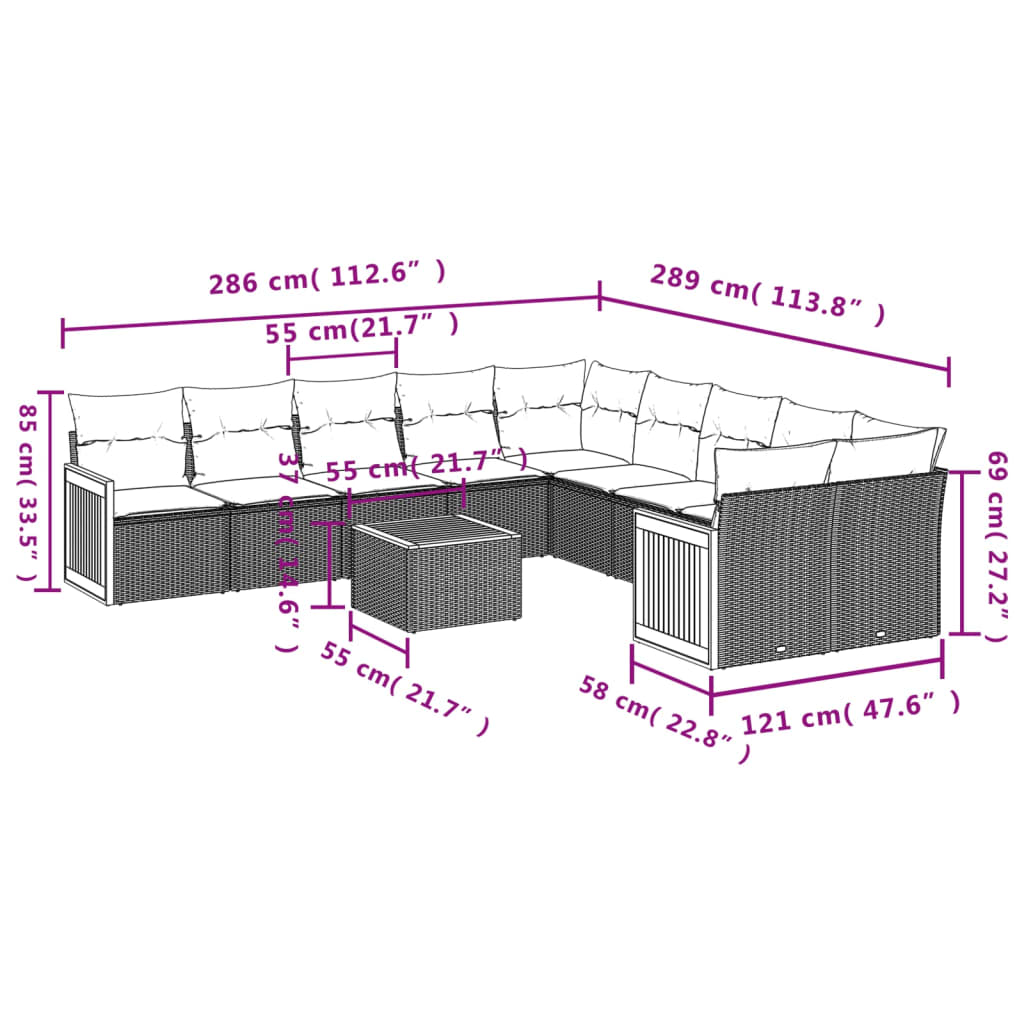 vidaXL 11-tlg. Garten-Sofagarnitur mit Kissen Schwarz Poly Rattan