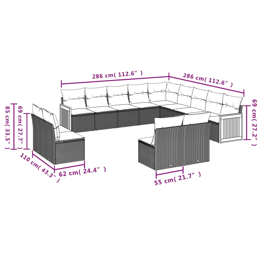 vidaXL 13-tlg. Garten-Sofagarnitur mit Kissen Beige Poly Rattan