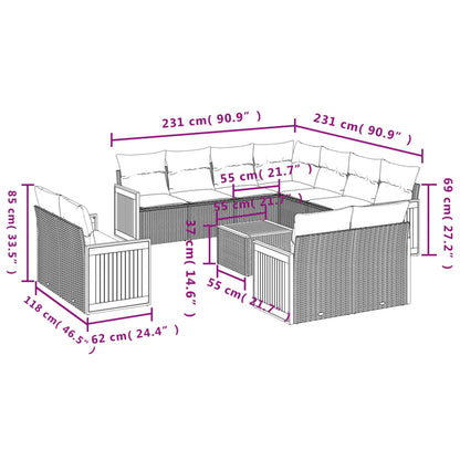 vidaXL 12-tlg. Garten-Sofagarnitur mit Kissen Beige Poly Rattan