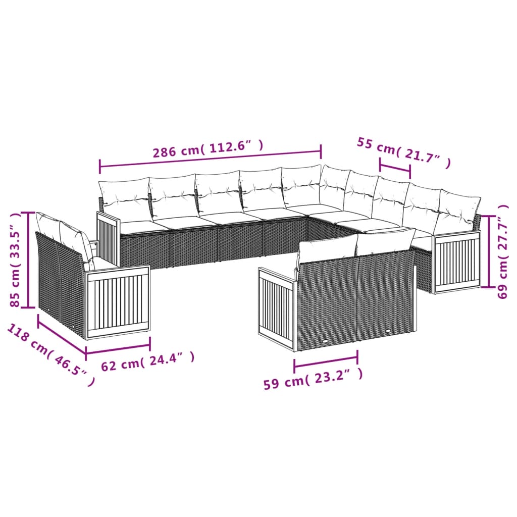 vidaXL 13-tlg. Garten-Sofagarnitur mit Kissen Grau Poly Rattan