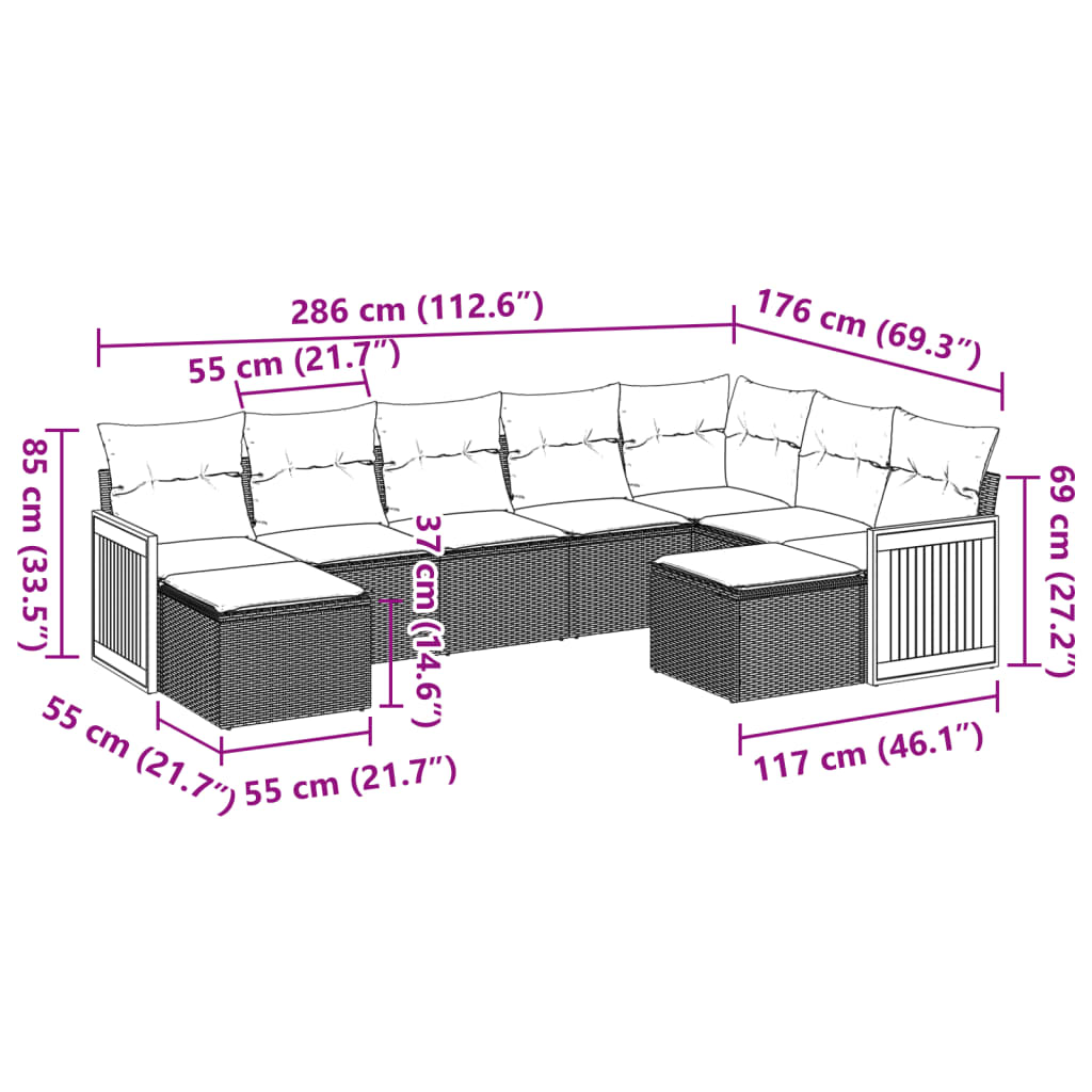 vidaXL 9-tlg. Garten-Sofagarnitur mit Kissen Beige Poly Rattan