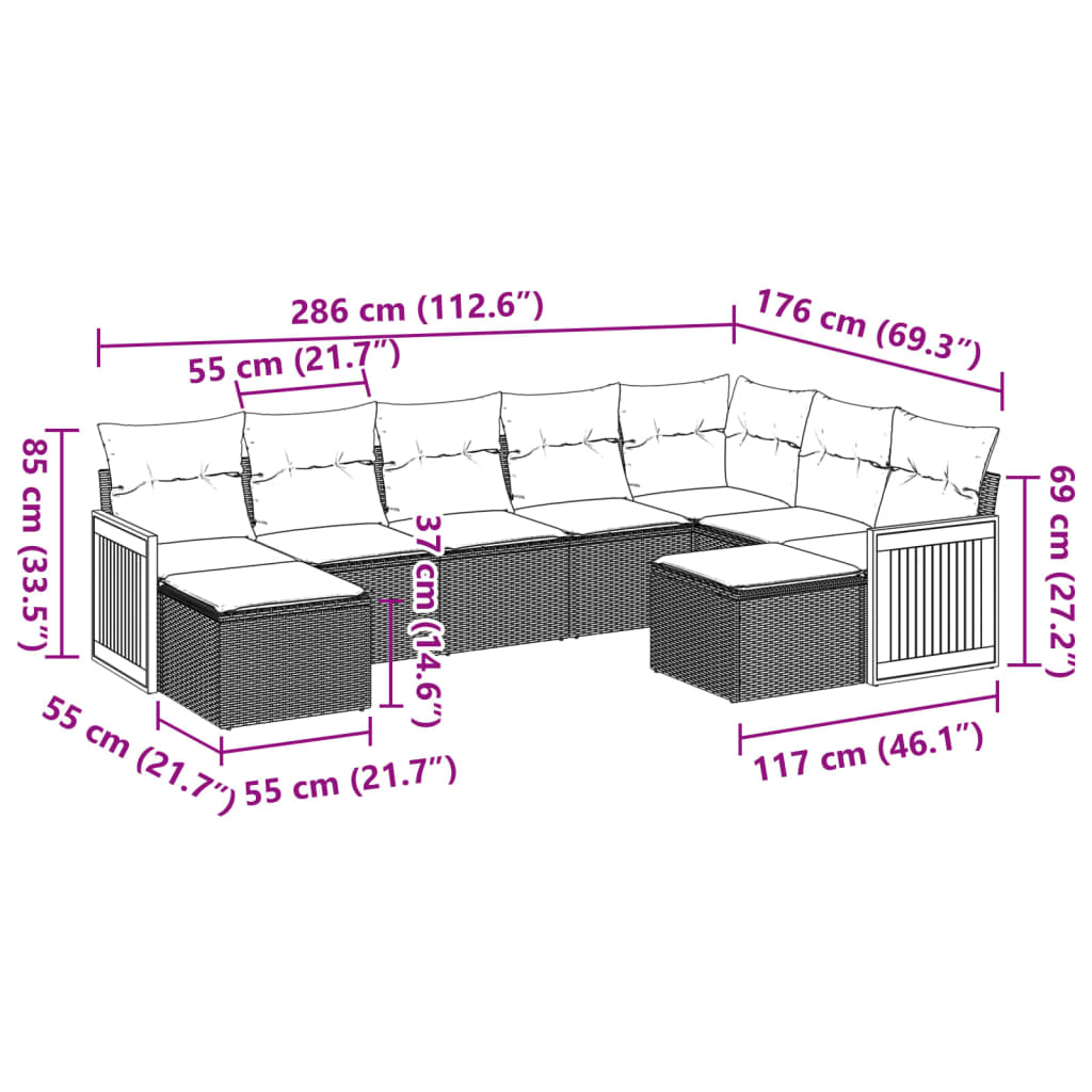 vidaXL Salon de jardin 9 pcs avec coussins Résine tressée Gris