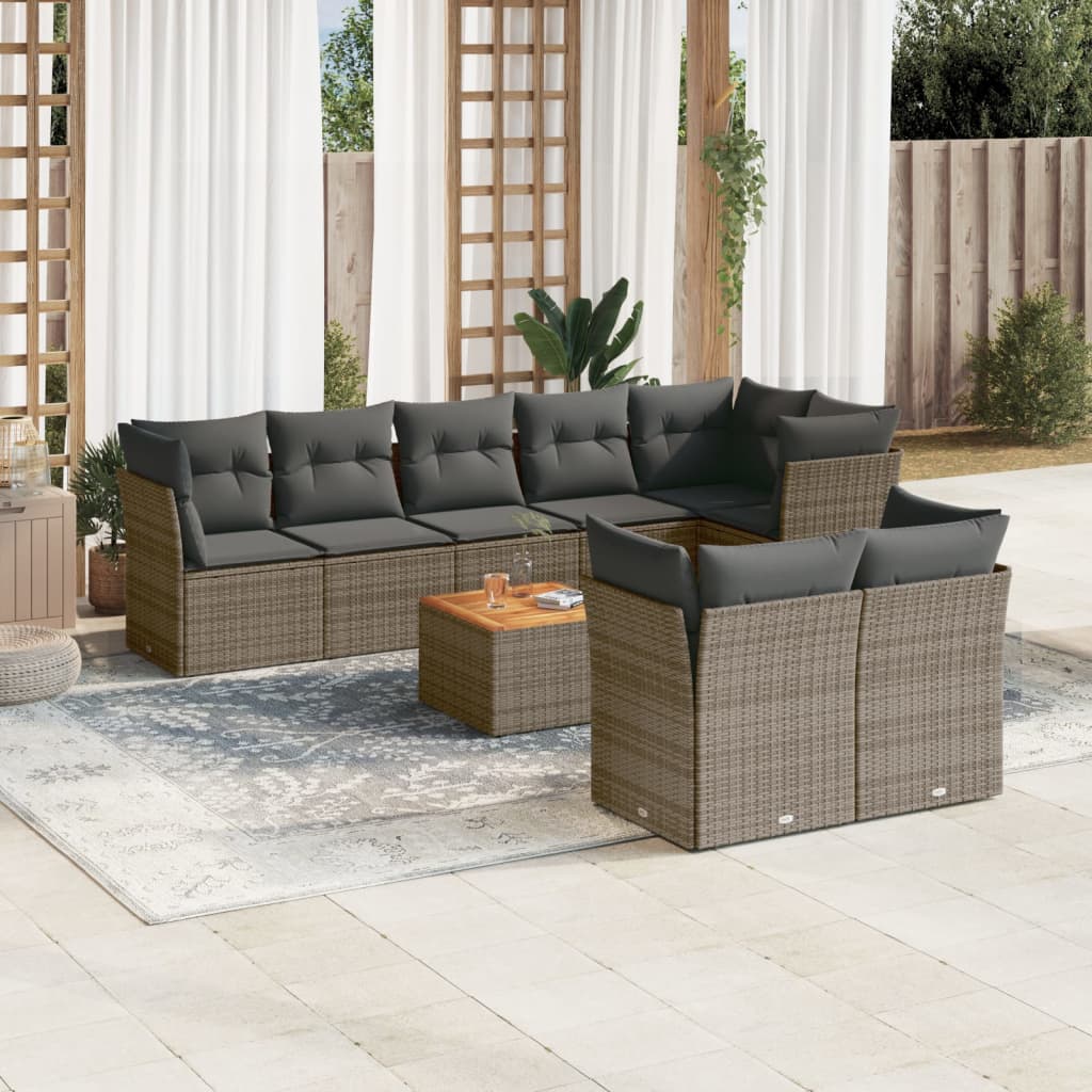 vidaXL Salon de jardin 9 pcs avec coussins Résine tressée Gris