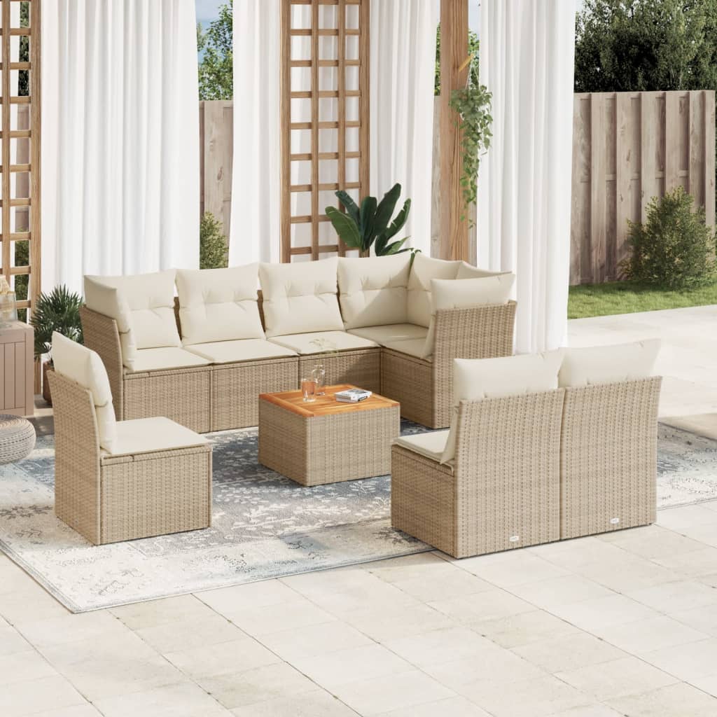vidaXL Salon de jardin 9 pcs avec coussins Résine tressée Beige