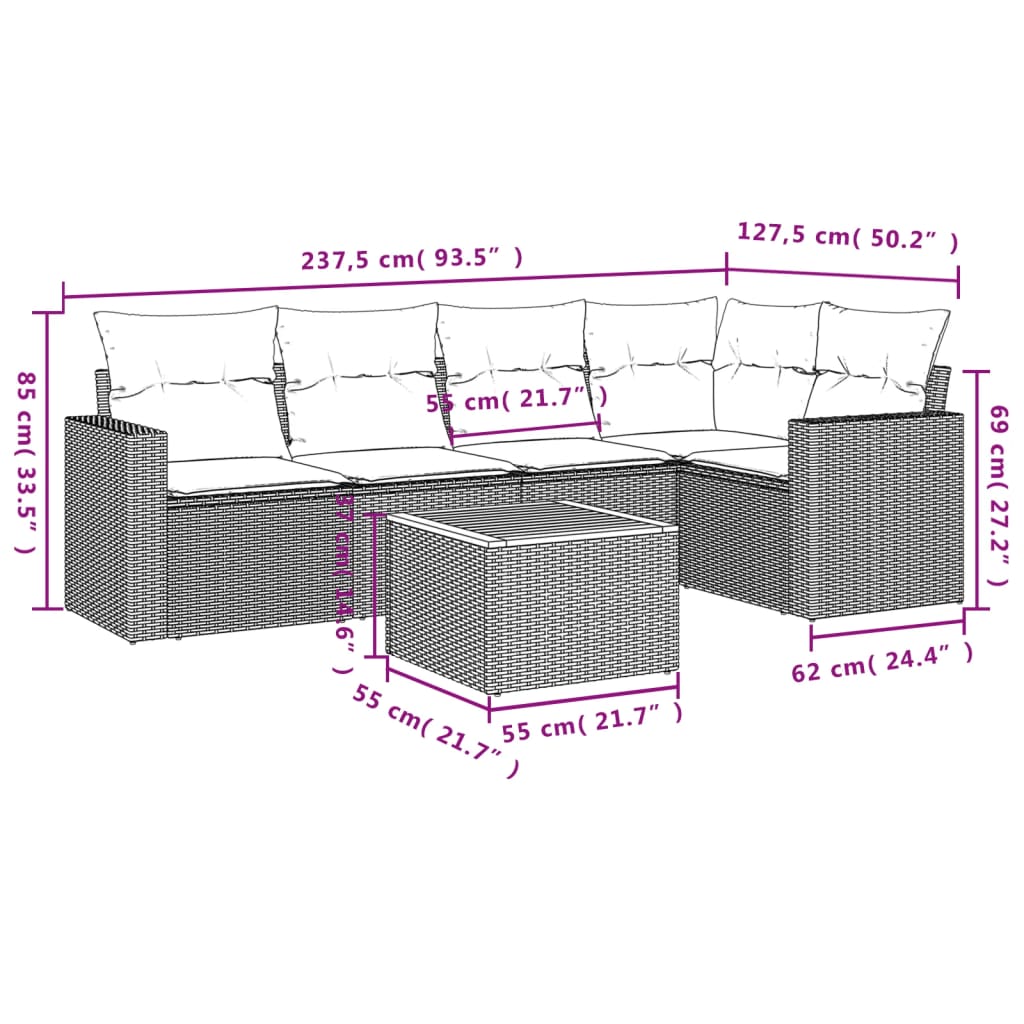 vidaXL 6-tlg. Garten-Sofagarnitur mit Kissen Beige Poly Rattan