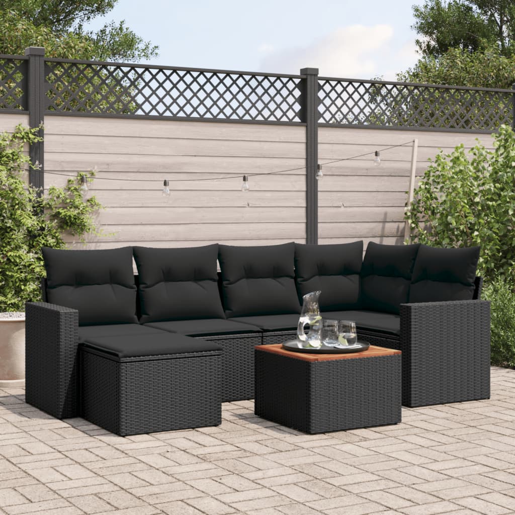 vidaXL Salon de jardin 7 pcs avec coussins Noir Résine tressée