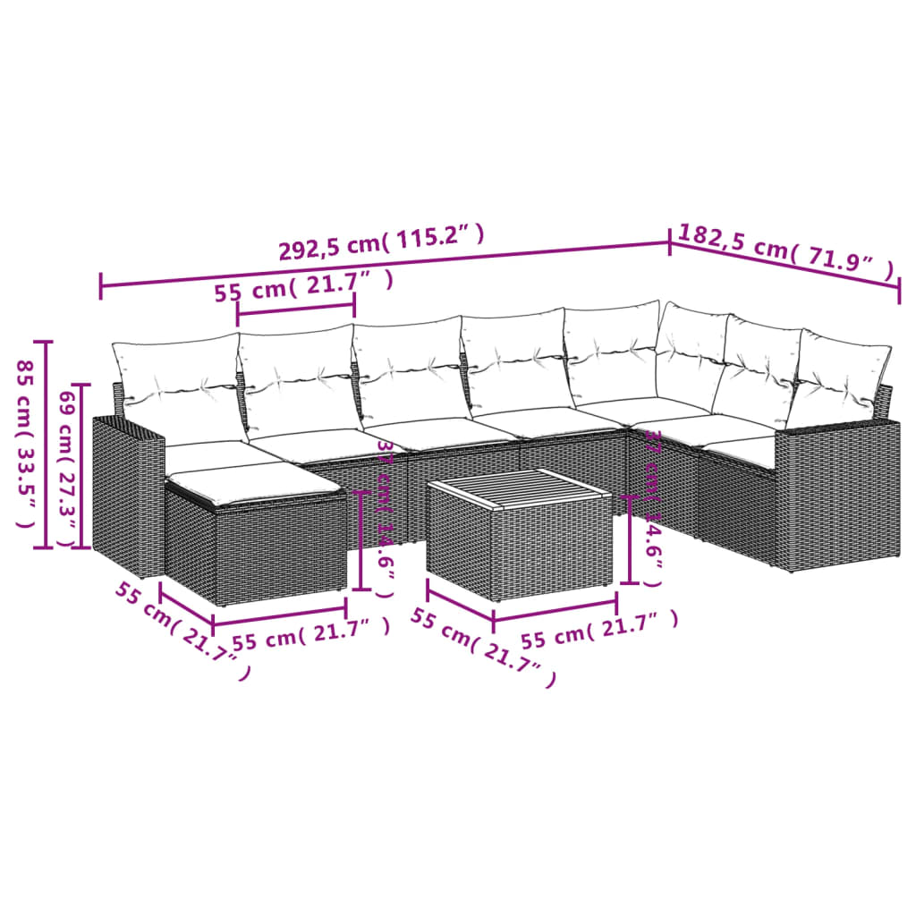 vidaXL Salon de jardin 9 pcs avec coussins Résine tressée Gris