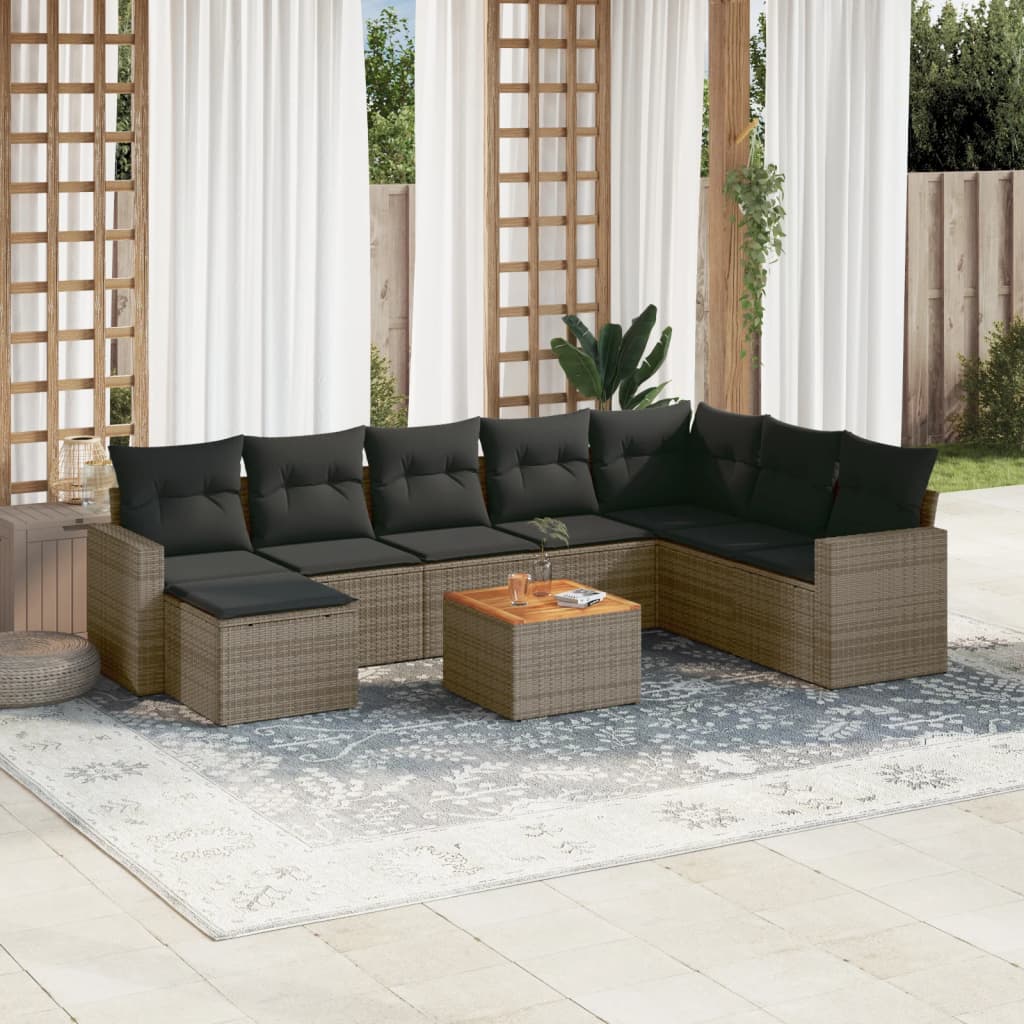 vidaXL Salon de jardin 9 pcs avec coussins Résine tressée Gris