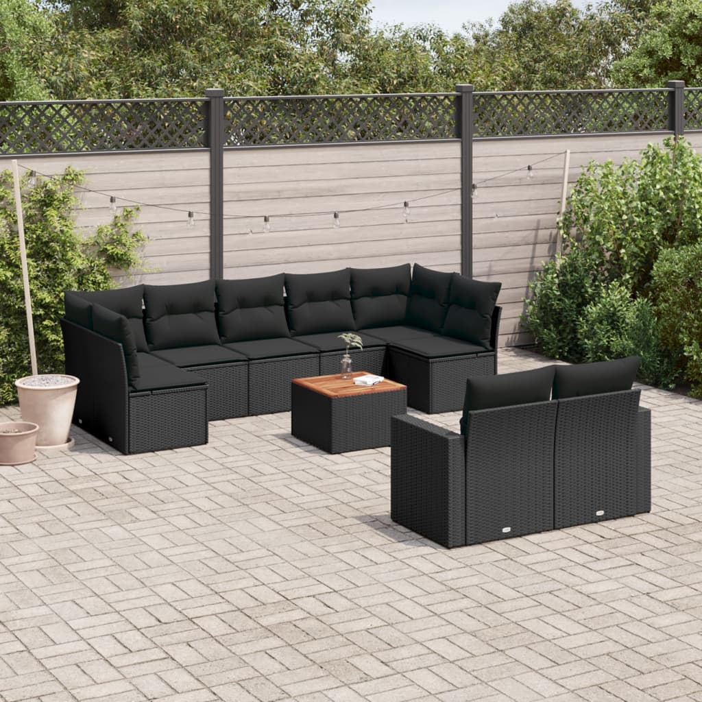 vidaXL Salon de jardin 10 pcs avec coussins Noir Résine tressée