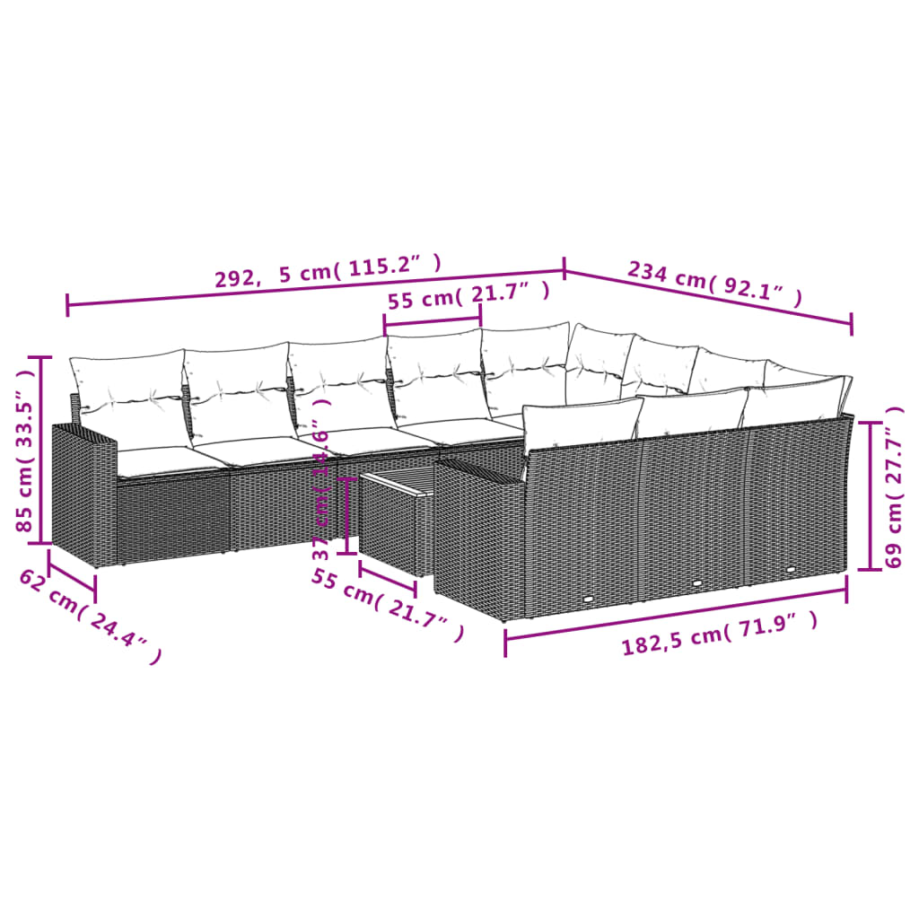 vidaXL Ensemble de canapés de jardin 11 pcs avec coussins en rotin synthétique beige